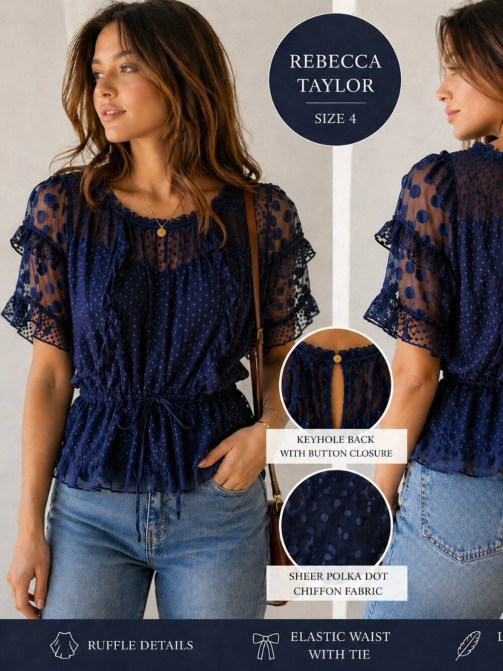 Rebecca Taylor Silk Blend Polka Dot Blouse Size 4 Sheer Ruffle Boho Blue Top